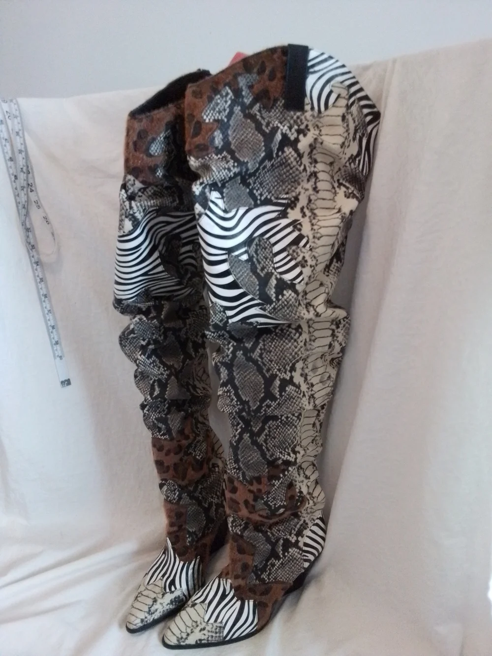 Over-the-Knee Mixed-Animal Print Boots - Black, White & Brown